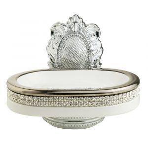 Мыльница настенная, керамика, цвет белый, декор платина, Crystal Держатель Cleopatra, хром