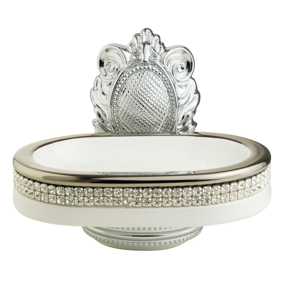 Мыльница настенная, керамика, цвет белый, декор платина, swarovski Держатель Cleopatra, хром