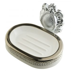 Portasapone, ceramica, Colore Bianco, platino, swarovski, cromo, Cleopatra