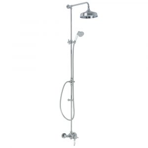 KING. External bath mixer with spout complete of rigid riser and big shower, thermostat
