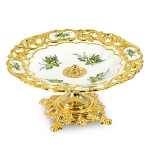PRIMAVERA Piatto 33,5×33,5 x H 16cm, ceramica, Colore Bianco, Decorazione oro