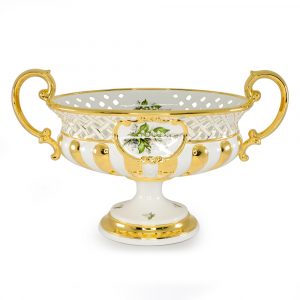 PRIMAVERA Vaso con manici 57x33xh35 cm, ceramica, Colore Bianco, Decorazione oro