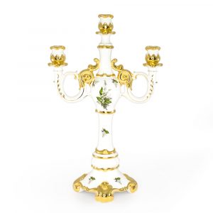 PRIMAVERA Portacandele per 3 candele 34x20xh53 cm, ceramica, Colore Bianco, Decorazione oro