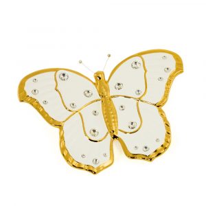 GIARDINO Statuetta farfalla 33x25xh8 cm, ceramica, Colore Bianco, Decorazione oro, cristallo