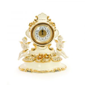 EMOZIONI Orologio Da Tavolo con angeli 35x20xh40 cm, ceramica, Colore Bianco, Decorazione oro, cristallo
