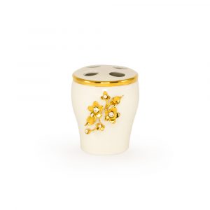 EMOZIONI Portaspazzolino D8, 5xh10, 5 cm, ceramica, Colore Bianco, Decorazione oro, Crystal