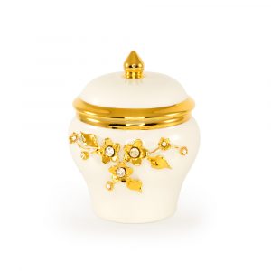 EMOZIONI Vaso con coperchio D10, 5xh13cm, ceramica, Colore Bianco, Decorazione oro, Crystal