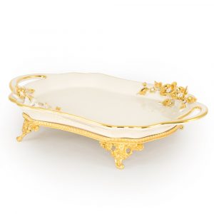 EMOZIONI Tray with handles 39.5 x 26 x9 cm, ceramic, color white, decor gold, Crystal