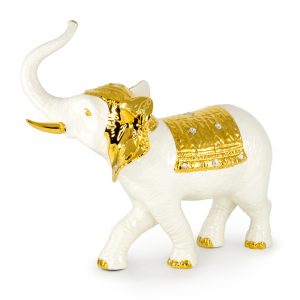 GIARDINO Statuetta elefante 40x25xh37 cm, ceramica, Colore Bianco, Decorazione oro, cristallo