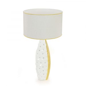 TOKIO Lampada Da Tavolo e paralume, ceramica, tessuto, Colore bianco, Decorazione oro, Crystal