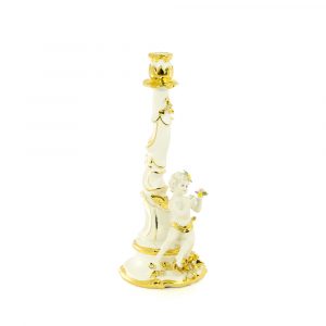 EMOZIONI Portacandele singolo con Angelo sinistro 17xh41, ceramica, Colore Bianco, Decorazione oro, cristallo