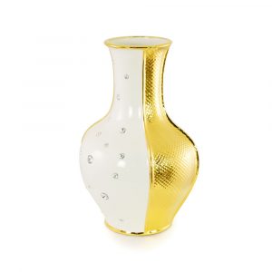 DUBAI Vaso D24xh37, 5 cm, ceramica, Colore Bianco, Decorazione oro, cristallo