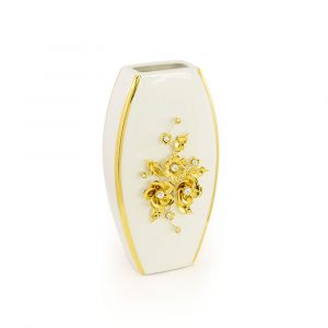 EMOZIONI Vaso, decorazione fiori 13x7xН.25 cm, ceramica, Colore Bianco, Decorazione oro, cristallo