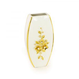 EMOZIONI Vaso, decorazione fiori 17x8hn.34 cm, ceramica, Colore Bianco, Decorazione oro, cristallo