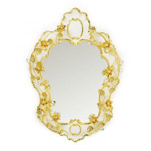 EMOZIONI Specchio da parete, decorazione fiori 57xh84 cm, ceramica, Colore Bianco, Decorazione oro, cristallo
