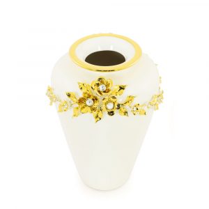 EMOZIONI Vaso, decorazione fiori 20HN.30 cm, ceramica, Colore Bianco, Decorazione oro, cristallo