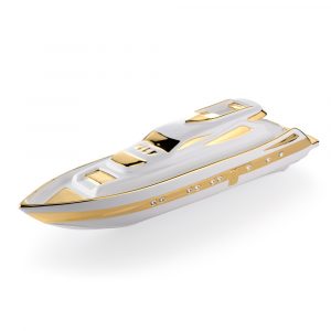 EMOZIONI Souvenir Yacht 53×12, 5×12, 5h cm, ceramica, Colore Bianco, Decorazione oro, cristallo