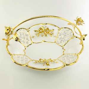 EMOZIONI Dish with handle 41x32xH.26 cm, ceramic, color white, decor gold, Crystal