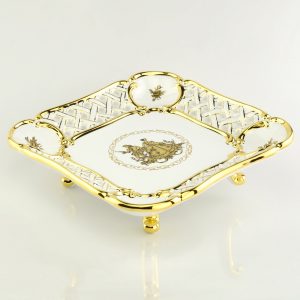 FIORI GOLD Openwork tray with legs 23x23xH8 cm, ceramic, color white, decor gold