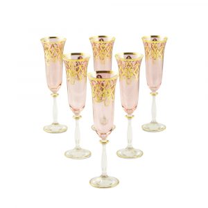 VENEZIA Champagne glass 200 ml, set of 6 pcs, crystal pink/decor gold 24K