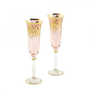 VENEZIA Champagne glass 200 ml, set of 2 pcs, crystal pink/decor gold 24K