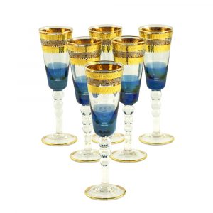 ADRIATICA Bicchiere di champagne 200ml, set di 6 pezzi, cristallo blu / decorazione oro 24K / platino