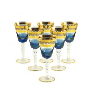 ADRIATICA Wine/water glass 250 ml, set of 6 pcs, crystal blue/decor 24K gold/platinum