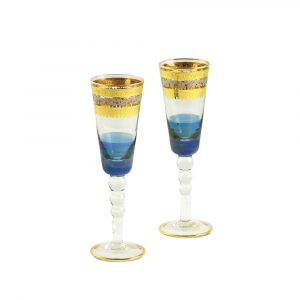 ADRIATICA Bicchiere di champagne 200ml, set di 2 pezzi, cristallo blu / decorazione oro 24K / platino