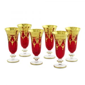 DINASTIA ROSSO Champagne glass 220 ml, set of 6 pcs, crystal red/decor gold 24K