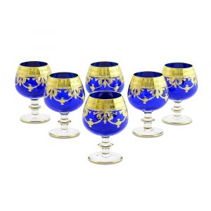 DINASTIA BLU Cognac glass 400ml, set of 6 pcs, crystal blue/decor gold 24K