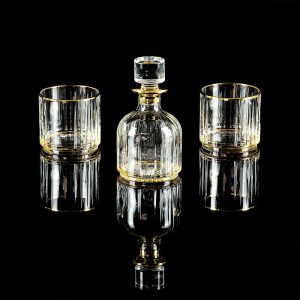 BINGO Whiskey set: decanter 300ml + 2 glasses 300 ml, amber crystal/decor gold 24K, Tube