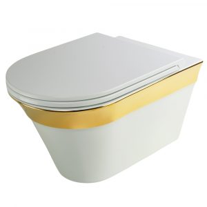 MONACO Set WC appeso, bianco con decorazione oro, con coperchio / sedile bianco / oro